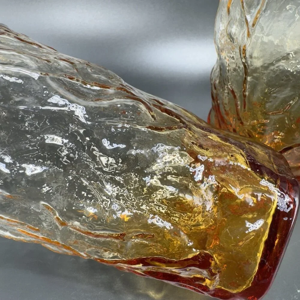 1970s Seneca Driftwood Amber Crinkle Glass Highball Tumblers Cups Set 4‎ Vintage